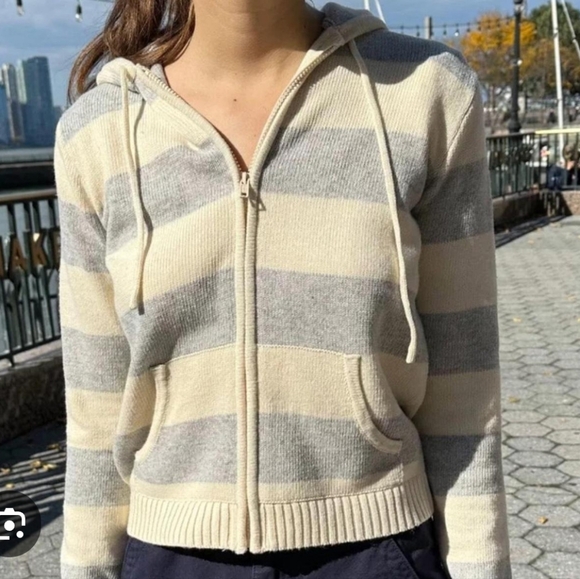 Brandy Melville Sweaters - Brandy Melville Cream and Light Gray Striped Zip Hoodie